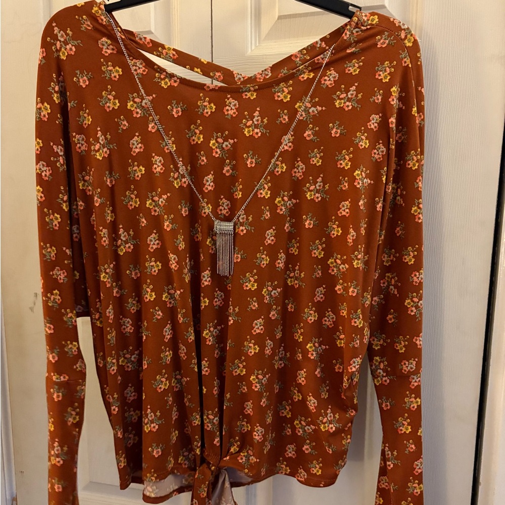 Iz Byer Rust Floral Long Sleeve Tie-Front Top